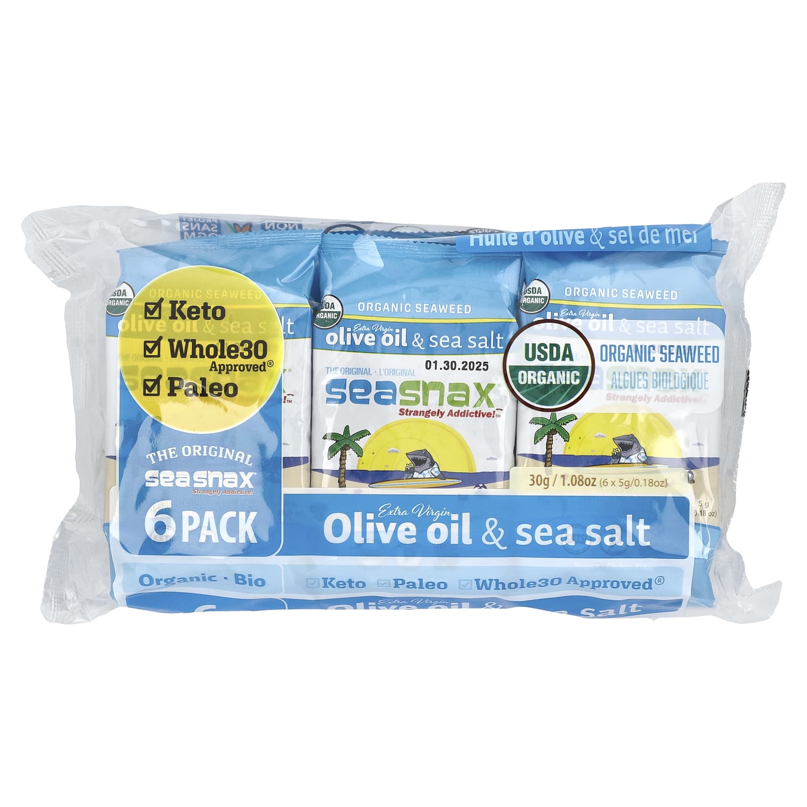 SeaSnax, Organic Seaweed, Extra Virgin Olive Oil & Sea Salt, 6 Pack, 0.18 oz (5 g) Each - Image 1