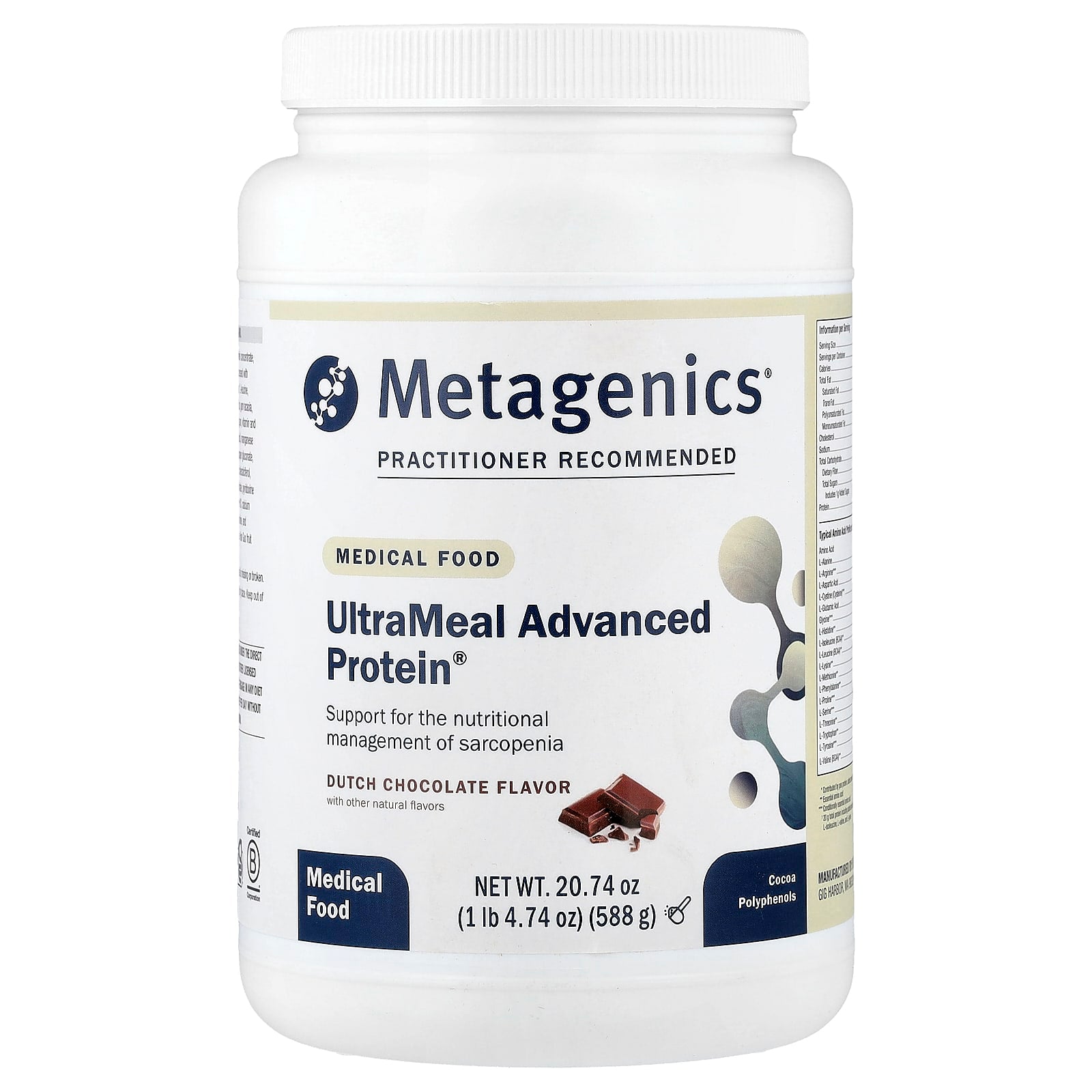 Metagenics, UltraMeal Advanced Protein, Medical Food, Dutch Chocolate, 1 lb 4.74 oz (588 g) - Image 1