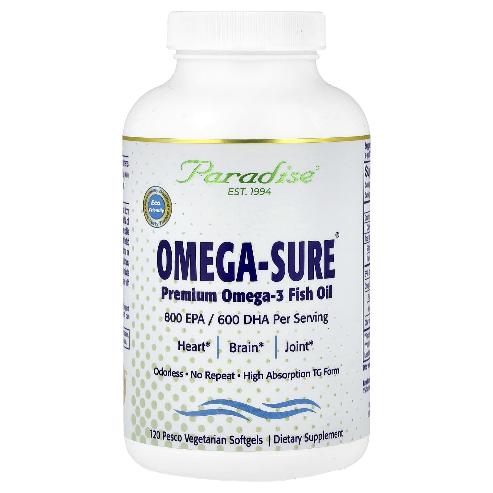 Paradise Herbs, Omega-Sure®, Premium Omega-3 Fish Oil, 120 Pesco Vegetarian Softgels - Image 1