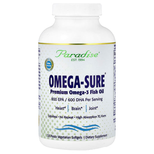Paradise Herbs, Omega-Sure®, Premium Omega-3 Fish Oil, 120 Pesco Vegetarian Softgels - Image 1