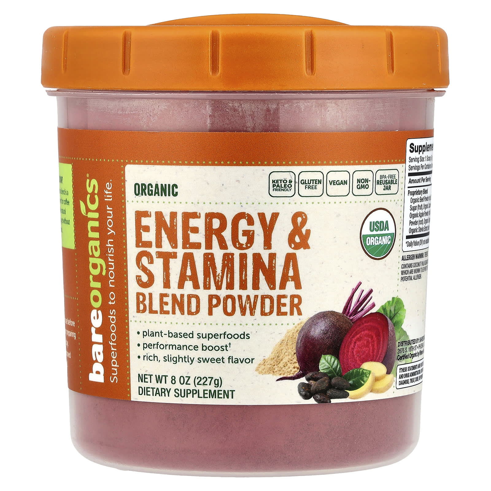 Organic Energy & Stamina Blend Powder by BareOrganics - 8oz (227g) - Image 1