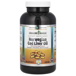 Norwegian Cod Liver Oil with Omega-3, 1000mg, 250 Softgels - Amazing Nutrition