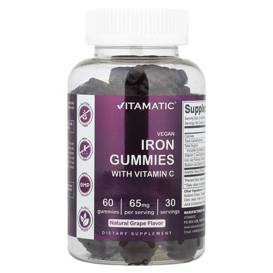 Vitamatic, Vegan Iron Gummies with Vitamin C, Natural Grape, 60 Gummies - Image 1
