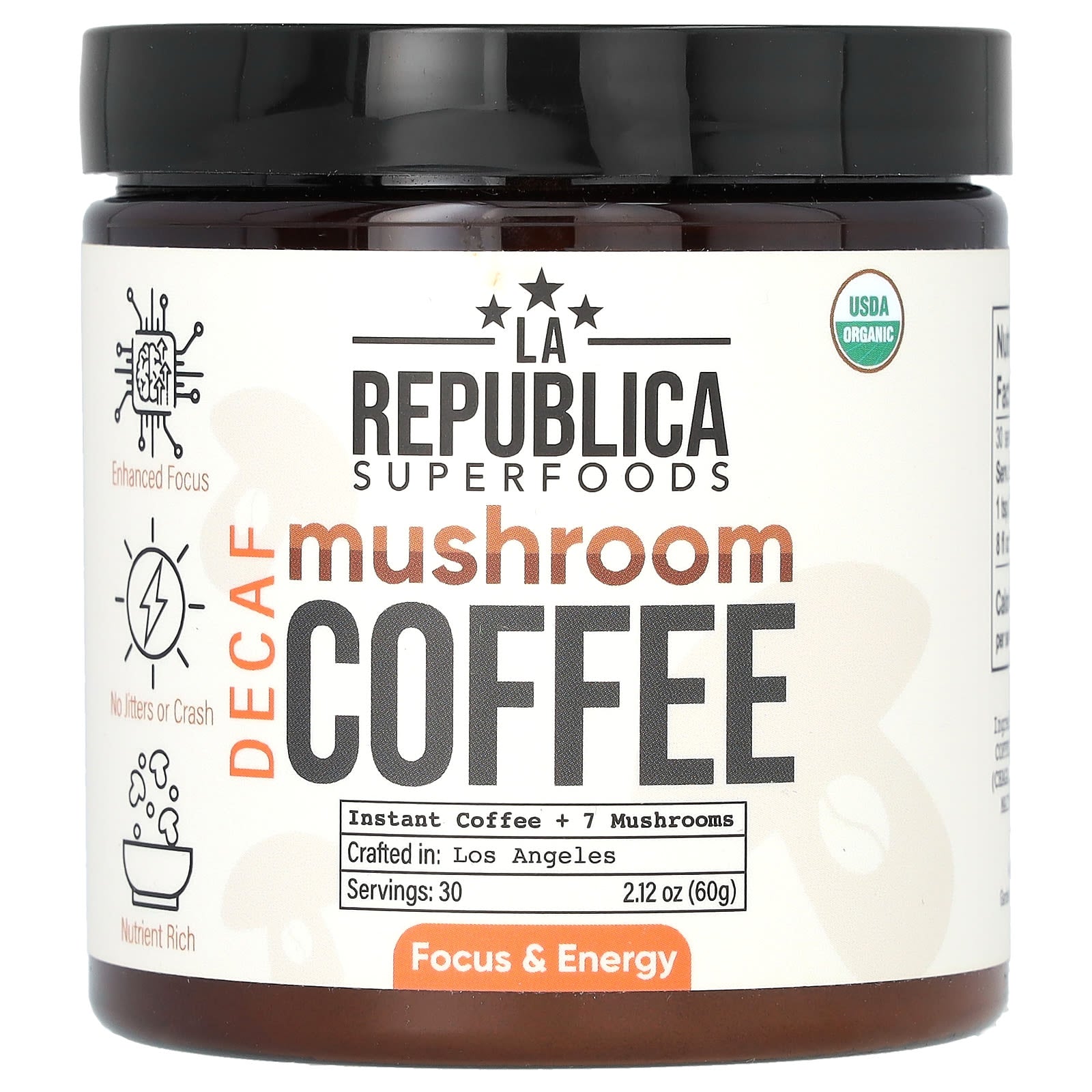 LA Republica, Mushroom Coffee, Instant Coffee + 7 Mushrooms, Decaf, 2.12 oz (60 g) - Image 1