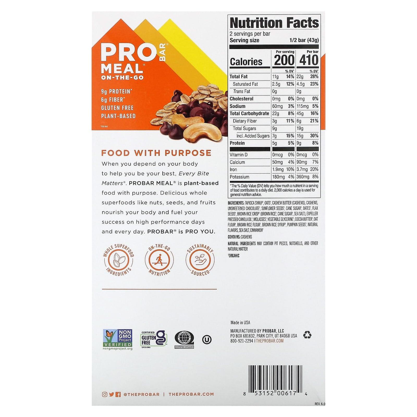 ProBar, Meal-On-The-Go, Oatmeal Chocolate Chip, 12 Bars, 3 oz (85 g) Each - Image 2