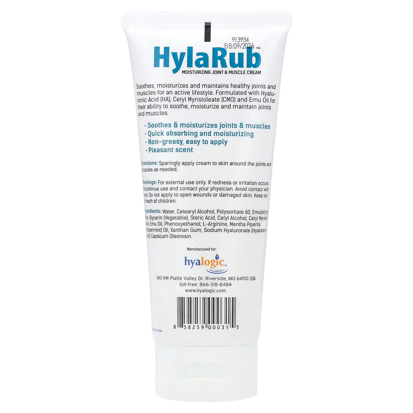 Hyalogic Joint & Muscle Cream - Hyaluronic Acid, Emu Oil, CMO, 6 oz - Image 2