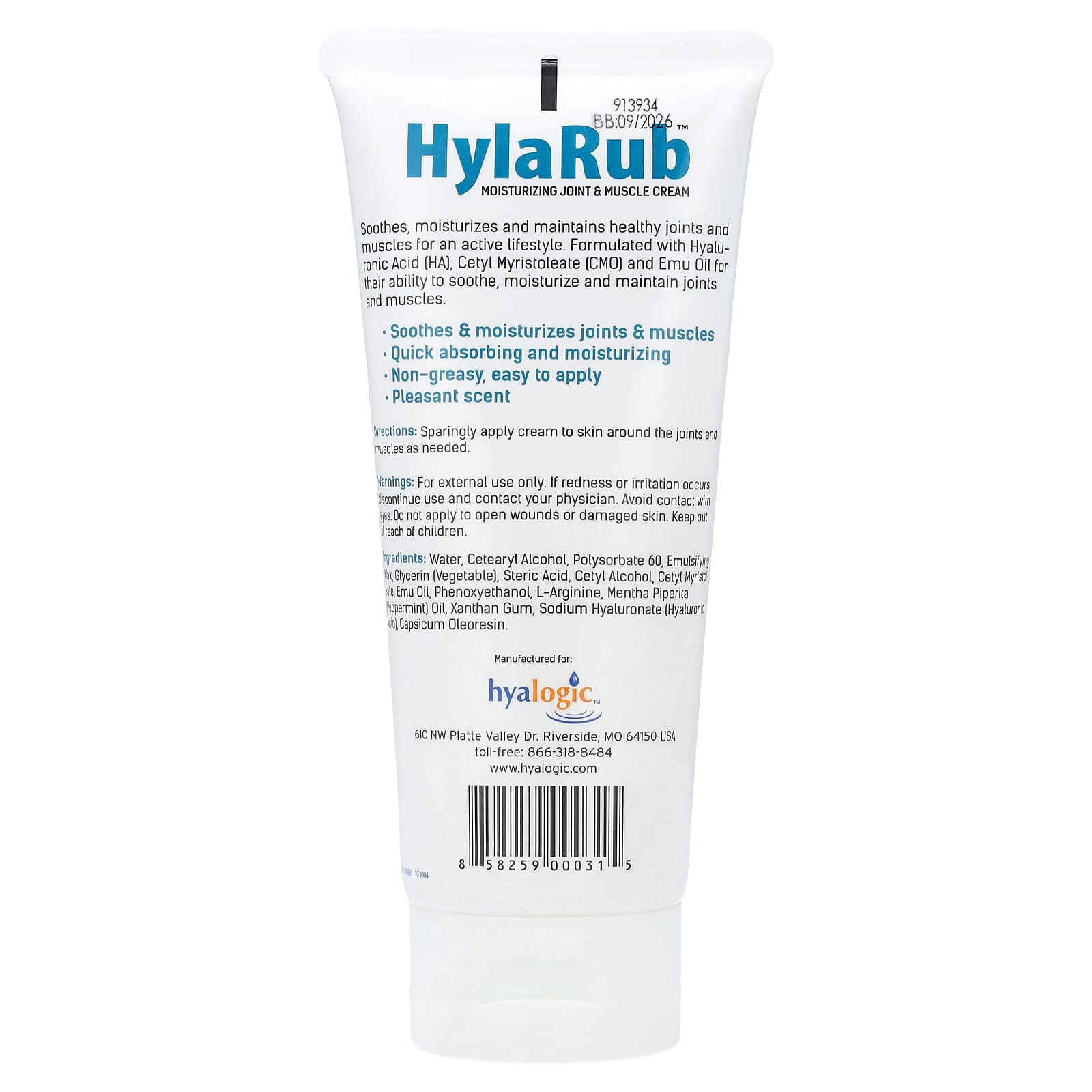 Hyalogic Joint & Muscle Cream - Hyaluronic Acid, Emu Oil, CMO, 6 oz - Image 2