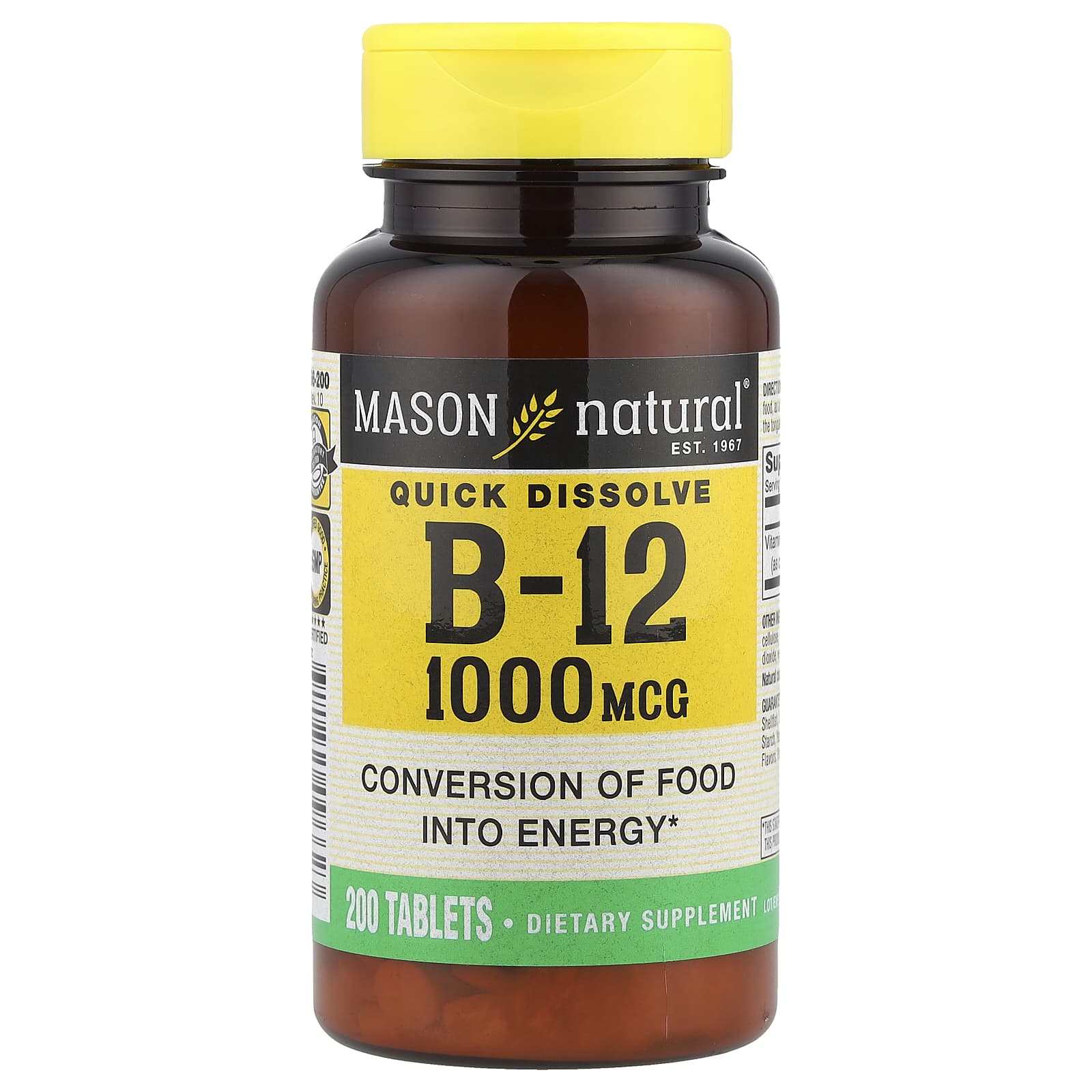 Mason Natural, Vitamin B-12, Quick Dissolve, 1,000 mcg, 200 Tablets - Image 1