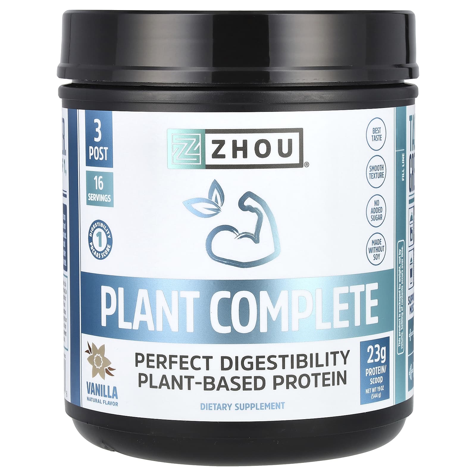 Zhou Nutrition, Plant Complete, Perfect Digestibility Plant-Based Protein, Vanilla, 19 oz (544 g) - Image 1