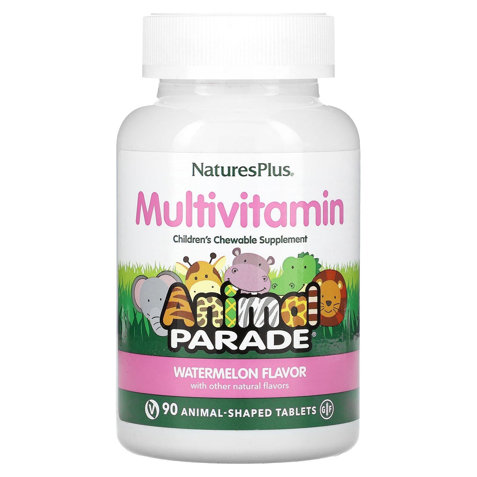 NaturesPlus, Animal Parade, Children's Chewable Multivitamin Supplement, Watermelon, 90 Animal-Shaped Tablets - Image 1