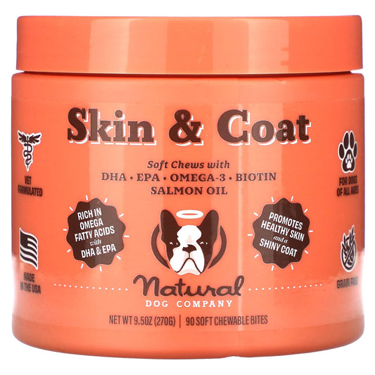 Natural Dog Company, Skin & Coat, For Dogs, All Ages, 90 Soft Chewable Bites, 9.5 oz (270 g) - Image 1