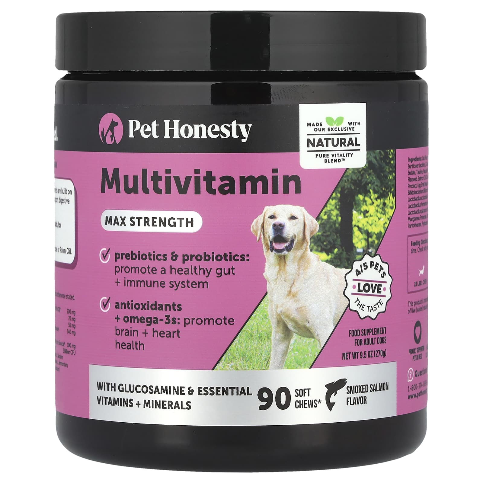 Pet Honesty, Multivitamin, Max Strength, For Adult Dogs, Smoked Salmon, 90 Soft Chews, 9.5 oz (270 g)