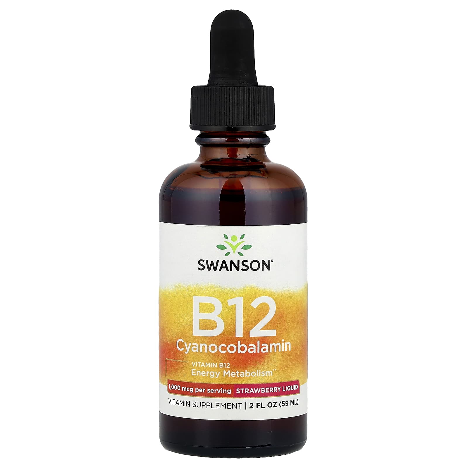 Swanson, B12 Cyanocobalamin Liquid, Strawberry, 2 fl oz (59 ml) (1,000 mcg per Serving) - Image 1