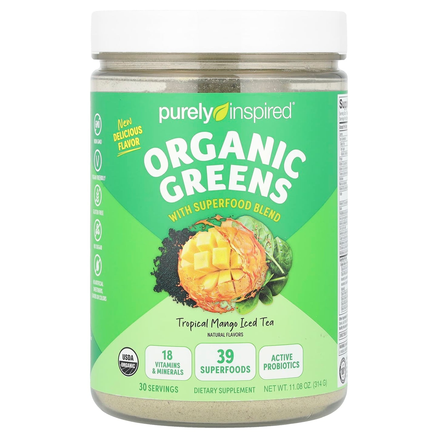 Purely Inspired, Organic Greens with Superfood Blend, Tropical Mango Iced Tea, 11.08 oz (314 g) - Image 1