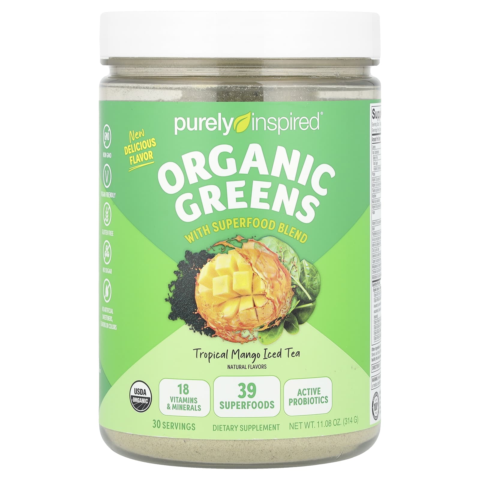 Purely Inspired, Organic Greens with Superfood Blend, Tropical Mango Iced Tea, 11.08 oz (314 g) - Image 1