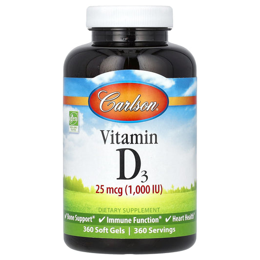 Carlson Vitamin D3, 25 mcg, 360 Soft Gels for Bone & Immune Support - Image 1