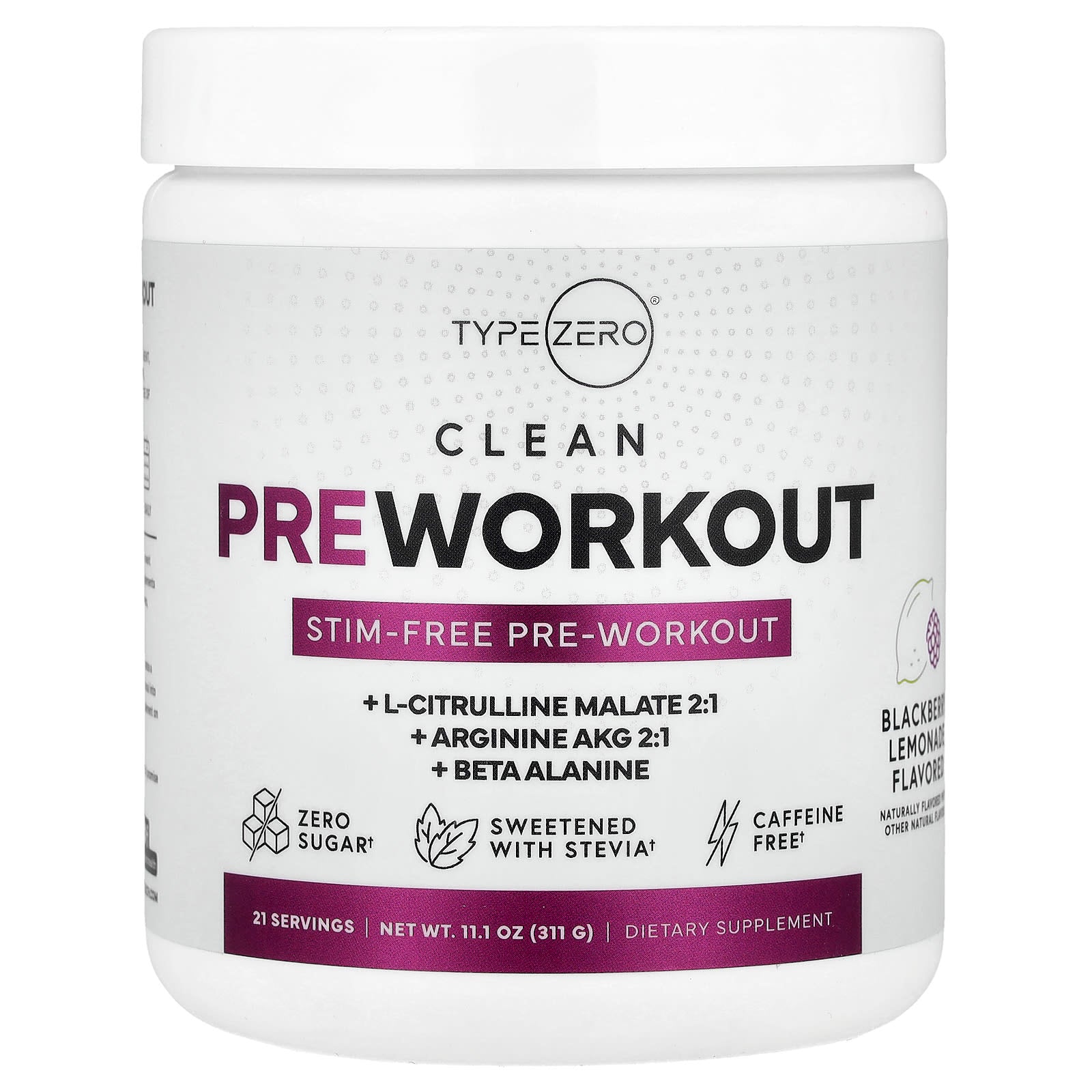 TypeZero, Clean Pre Workout, Stim-Free, Blackberry Lemonade, 11.1 oz (311 g) - Image 1