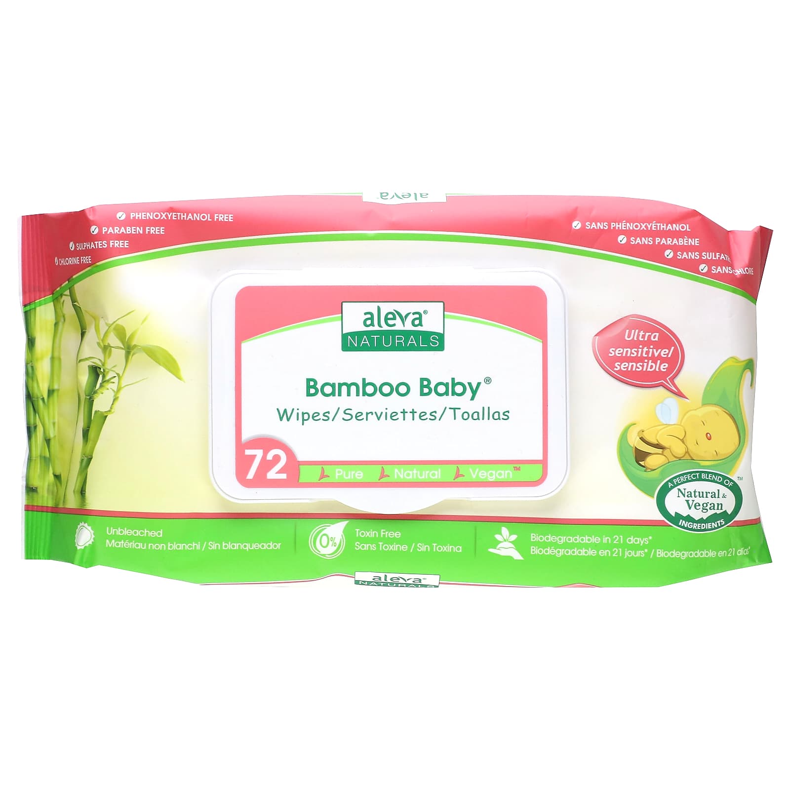 Bamboo Baby Wipes Ultra Sensitive, Fragrance Free, 72 Count by Aleva Naturals - Image 1