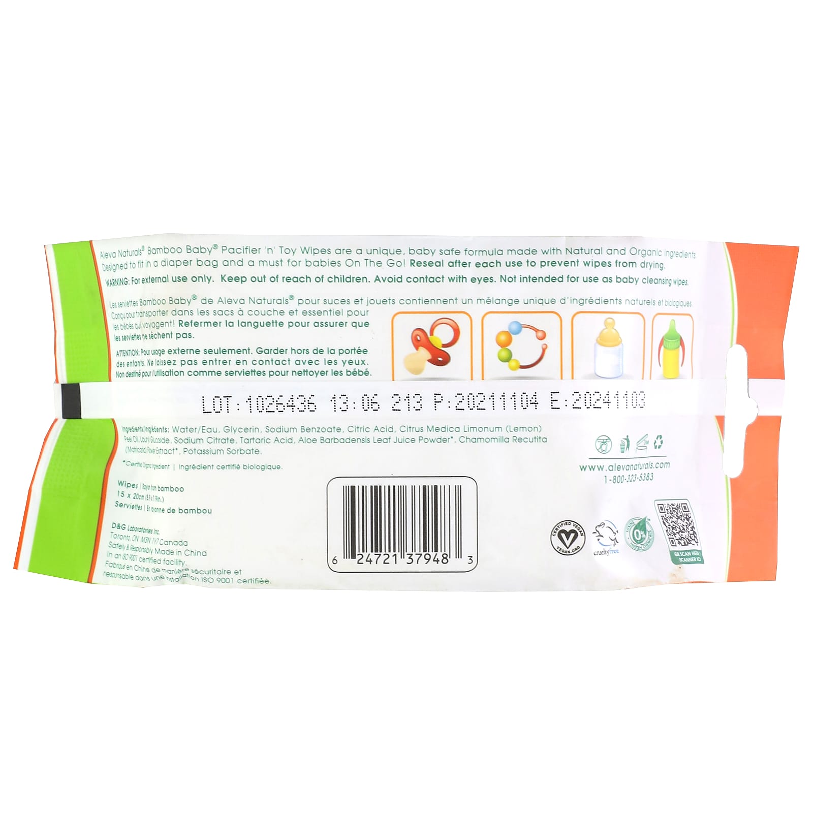 Natural Bamboo Baby Pacifier & Toy Wipes by Aleva Naturals, 30 Count - Image 2