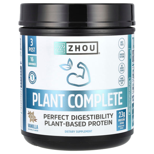 Zhou Nutrition, Plant Complete, Perfect Digestibility Plant-Based Protein, Vanilla, 19 oz (544 g) - Image 1