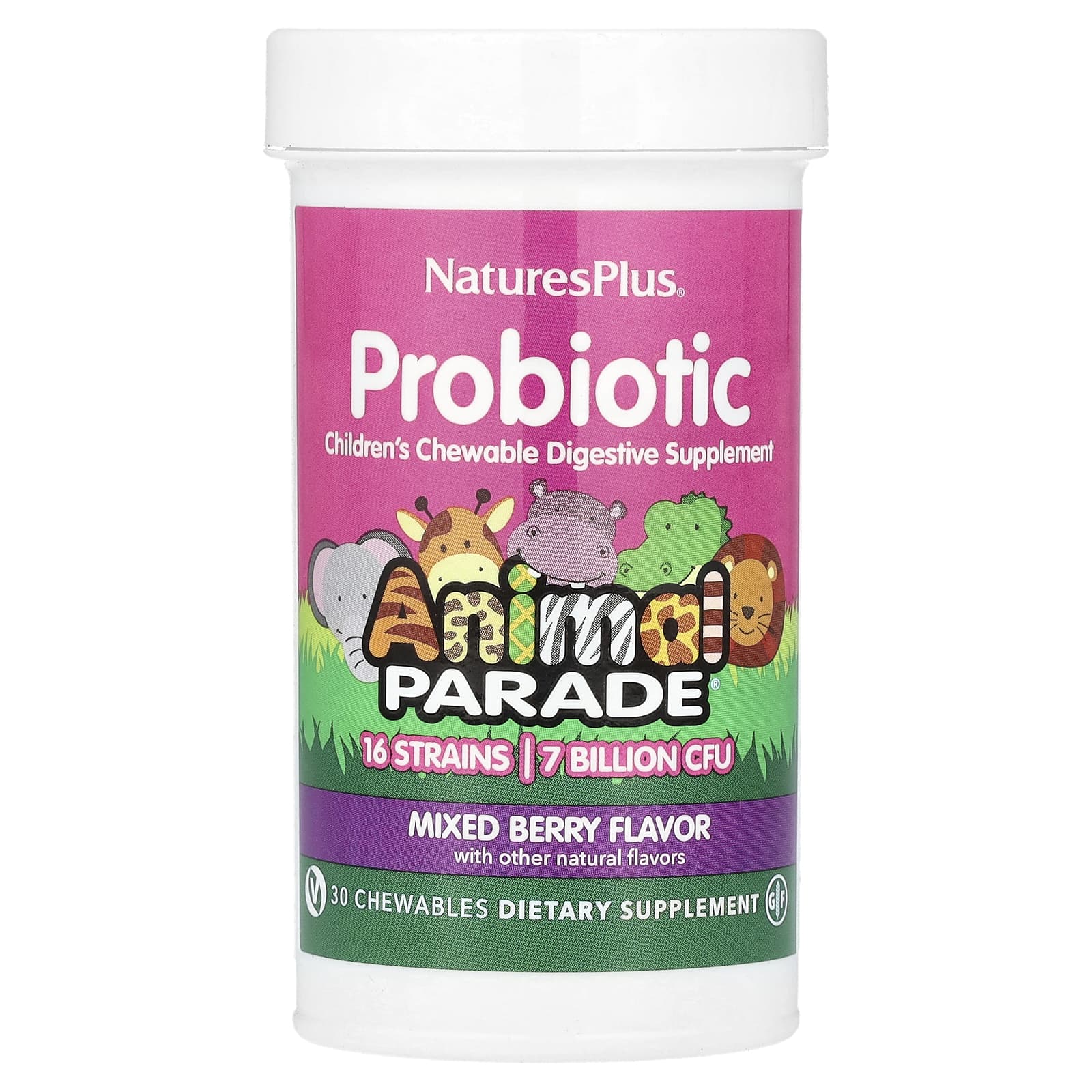 NaturesPlus, Probiotic, Children's Chewable Digestive Supplement, Mixed Berry, 7 Billion CFU, 30 Chewables - Image 1