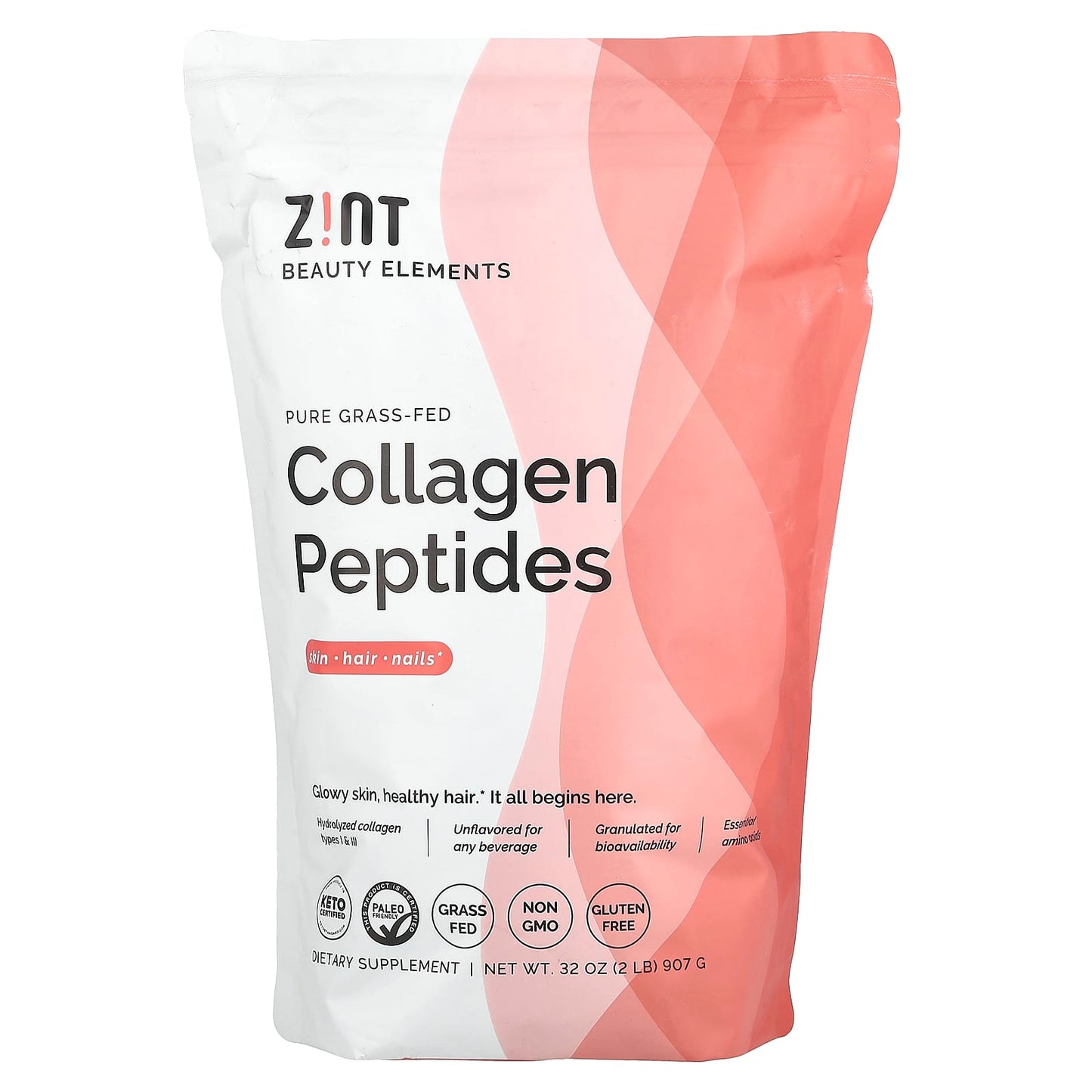 Zint, Pure Grass-Fed Collagen Peptides, Unflavored, Bag, 32 oz (907 g) - Image 1