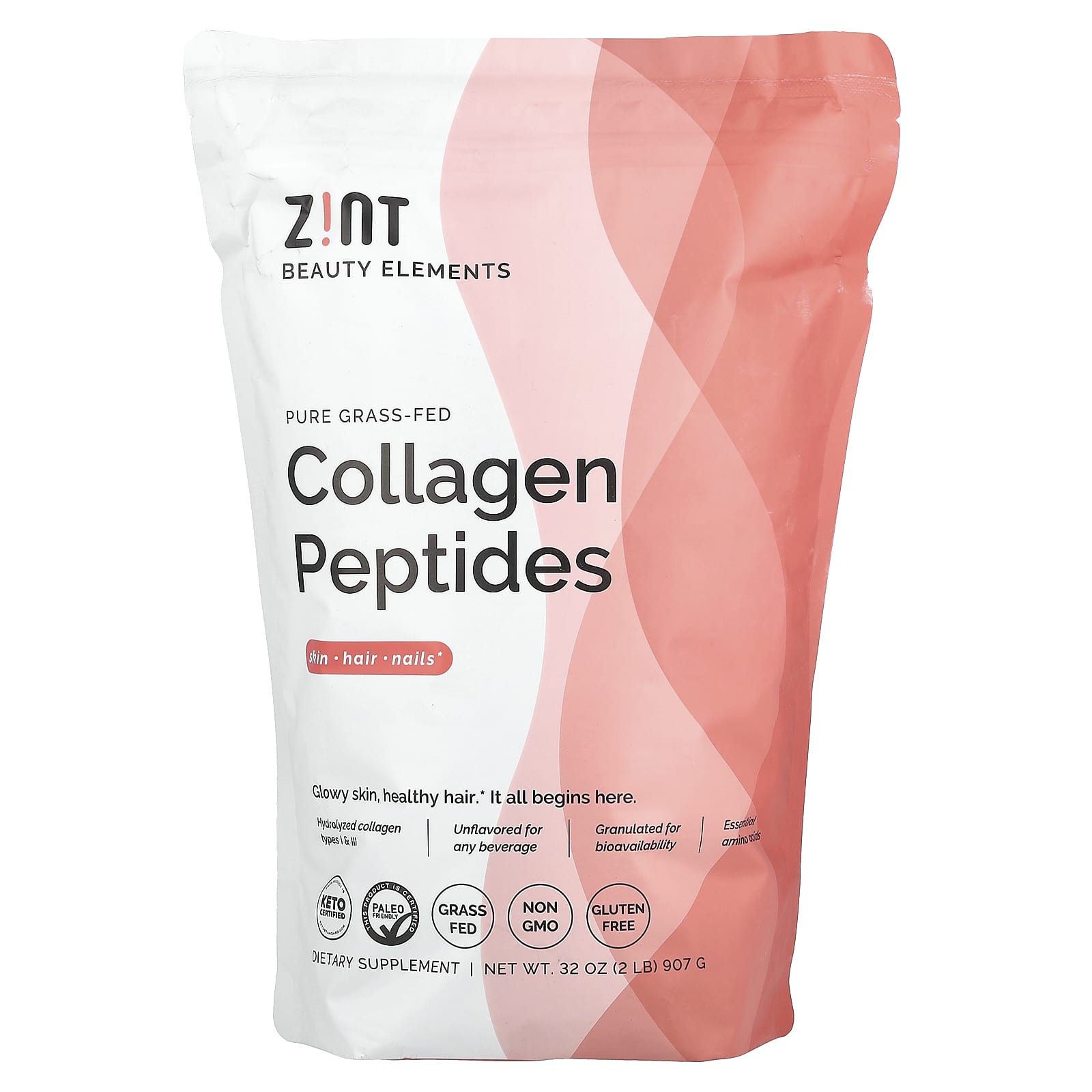 Zint, Pure Grass-Fed Collagen Peptides, Unflavored, Bag, 32 oz (907 g) - Image 1