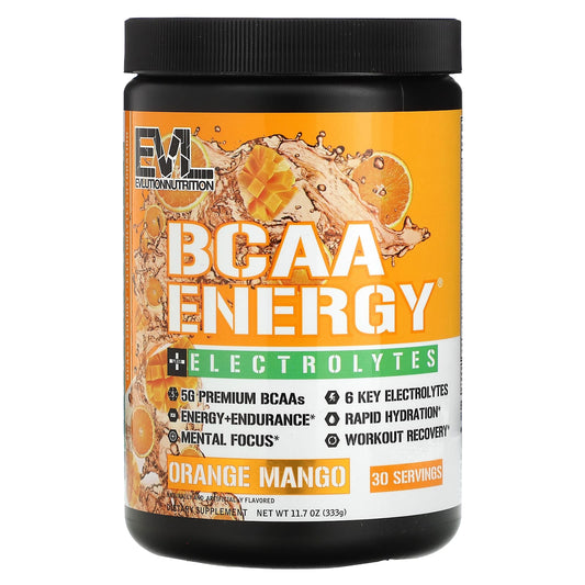 EVLution Nutrition BCAA Energy Plus Electrolytes, Orange Mango, 11.7oz - Image 1