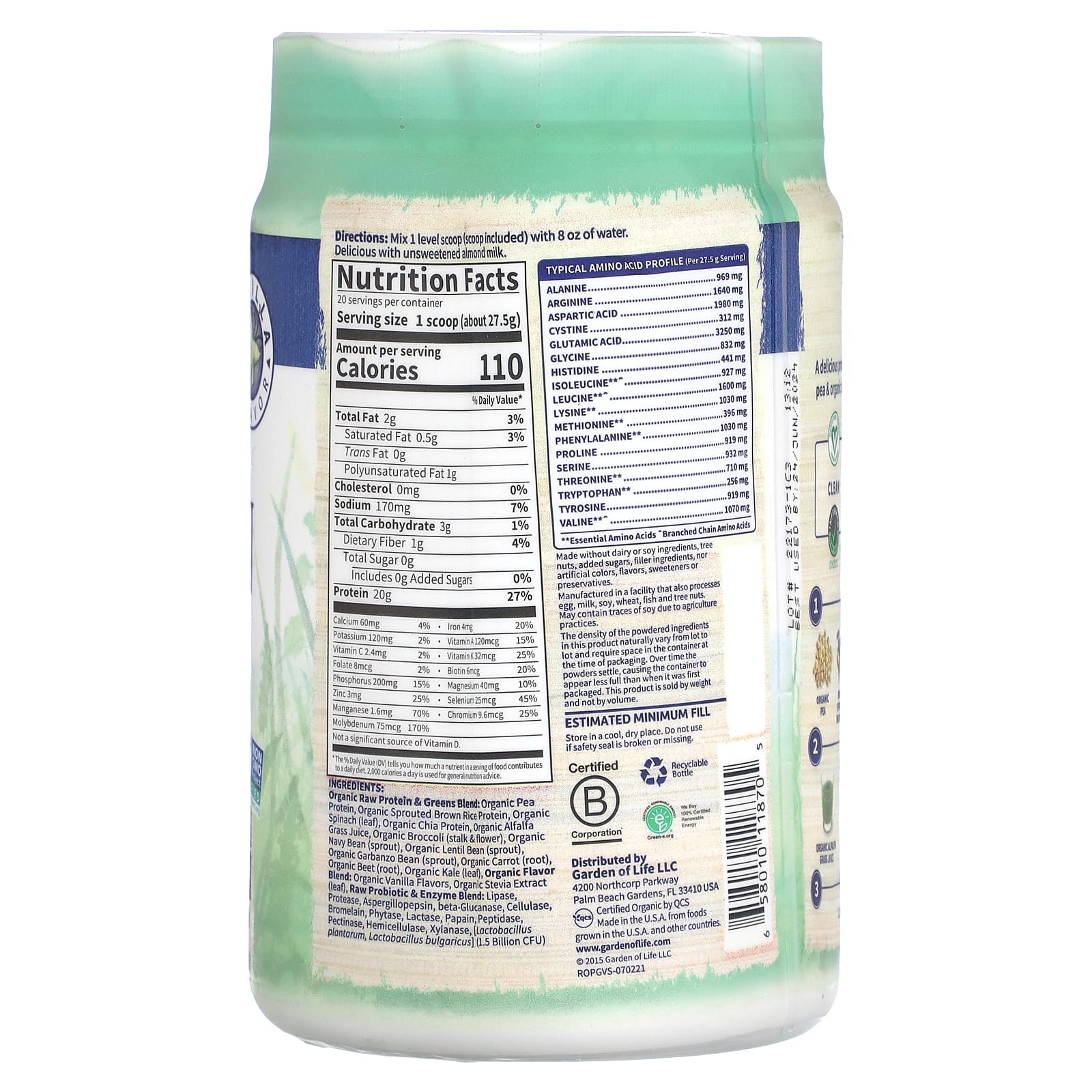 RAW Organic Protein & Greens by Garden of Life, 19.40 oz - Image 2