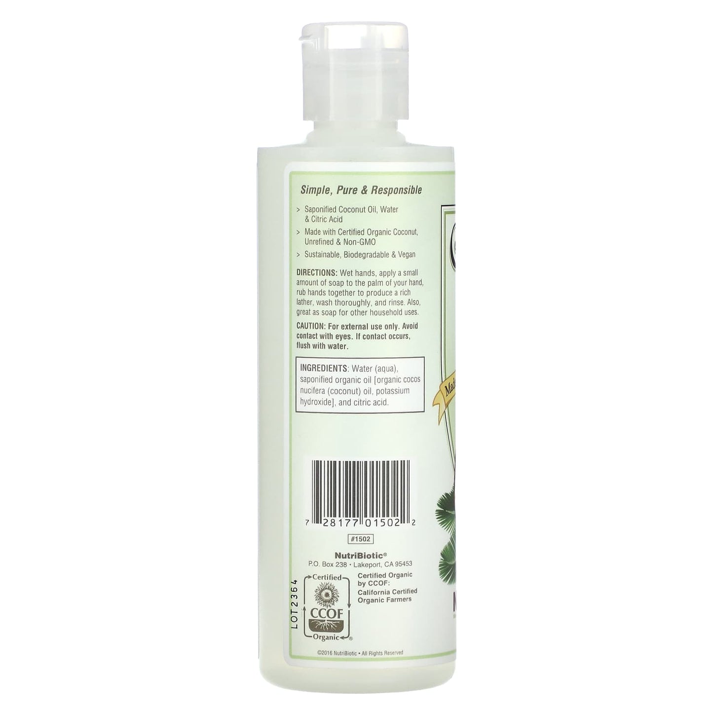 NutriBiotic, Pure Coconut Oil Soap, Unscented, 8 fl oz (236 ml) - Image 2