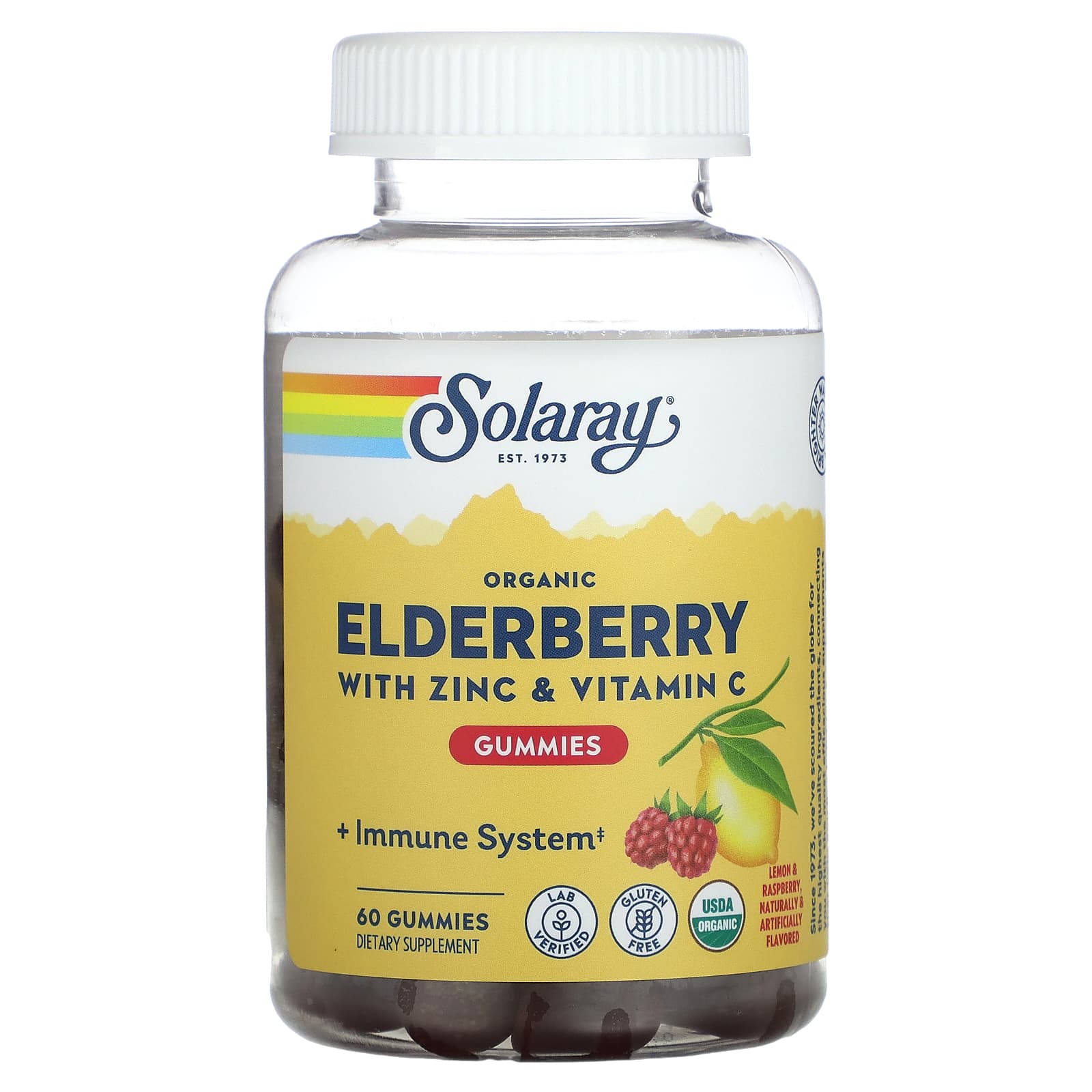 Solaray, Organic Elderberry Gummies With Zinc & Vitamin C, Lemon & Raspberry, 60 Gummies - Image 1