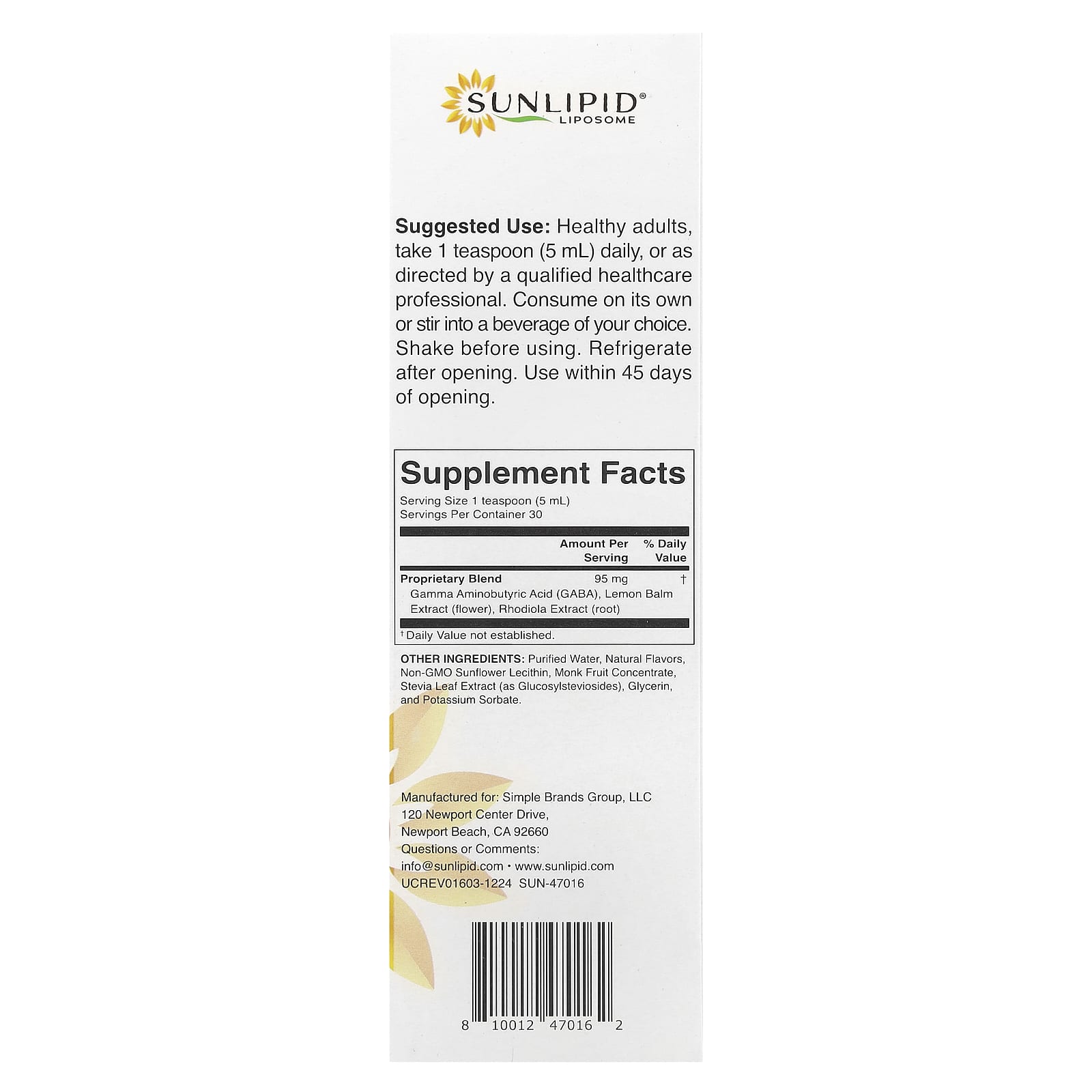 Sunlipid, Liposomal GABA + Rhodiola, 5.07 fl oz (150 ml) - Image 2