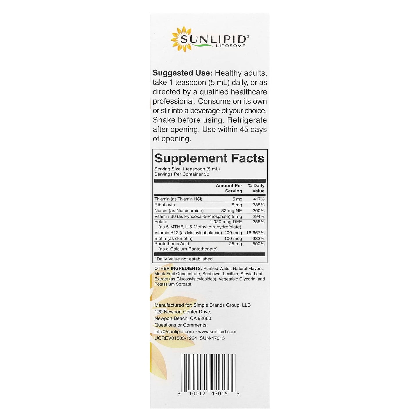 Sunlipid, Liposomal B Complex, 5.07 fl oz (150 ml) - Image 2