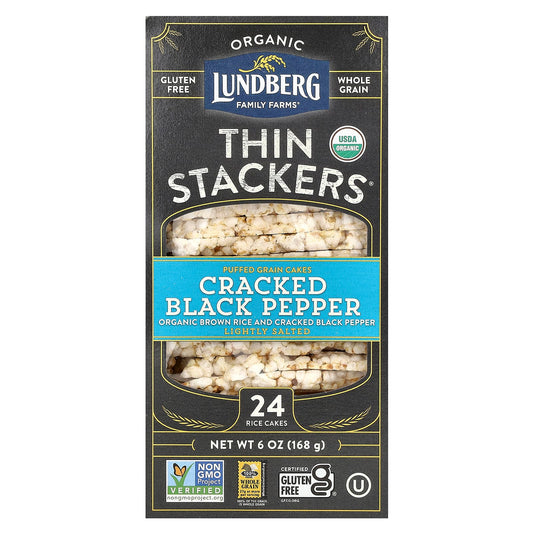 Lundberg, Organic Thin Stackers, Puffed Grain Cakes, Cracked Black Pepper, Lightly Salted, 24 Rice Cakes, 6 oz (168 g) - Image 1
