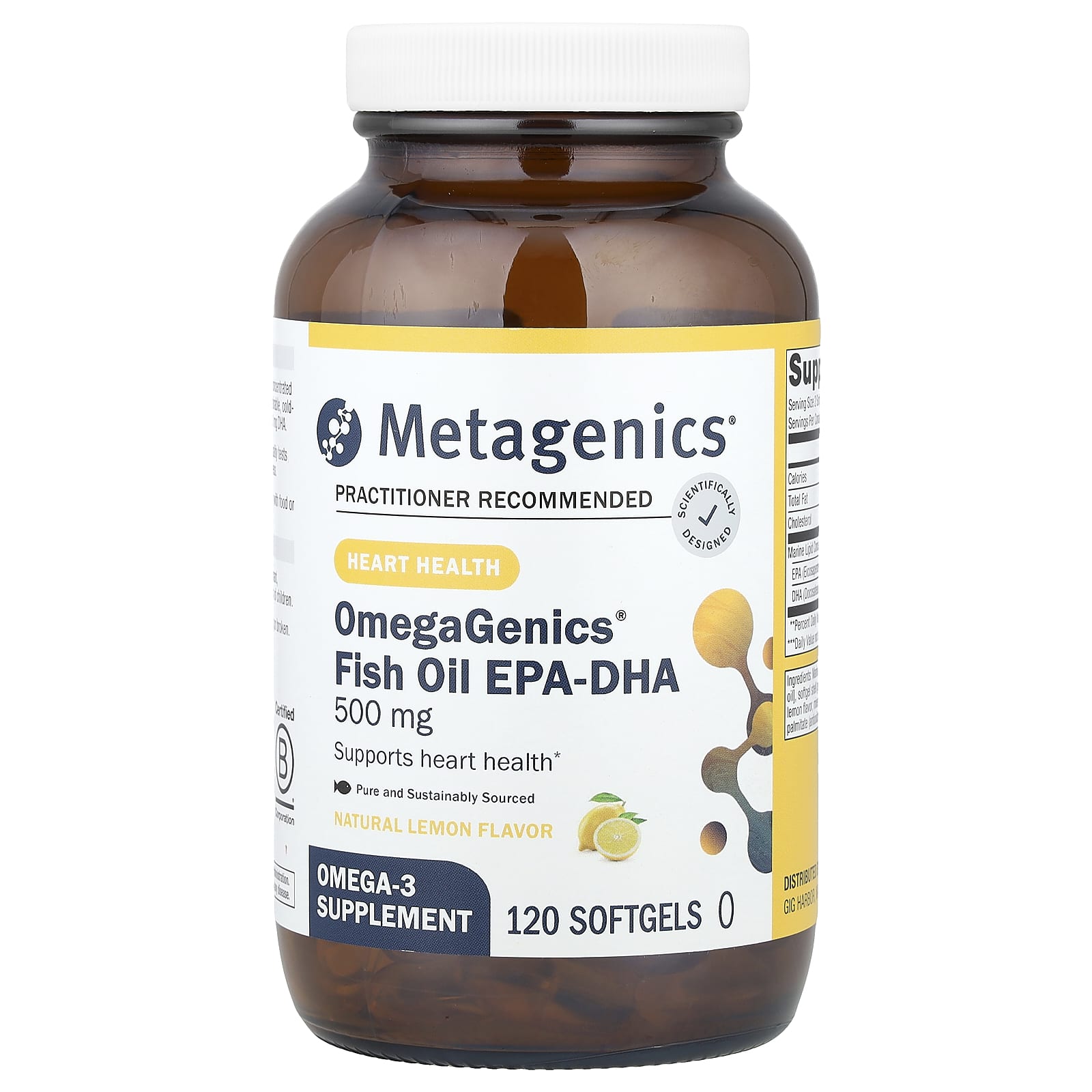 Metagenics, OmegaGenics®, Fish Oil EPA-DHA, Natural Lemon, 500 mg, 120 Softgels - Image 1