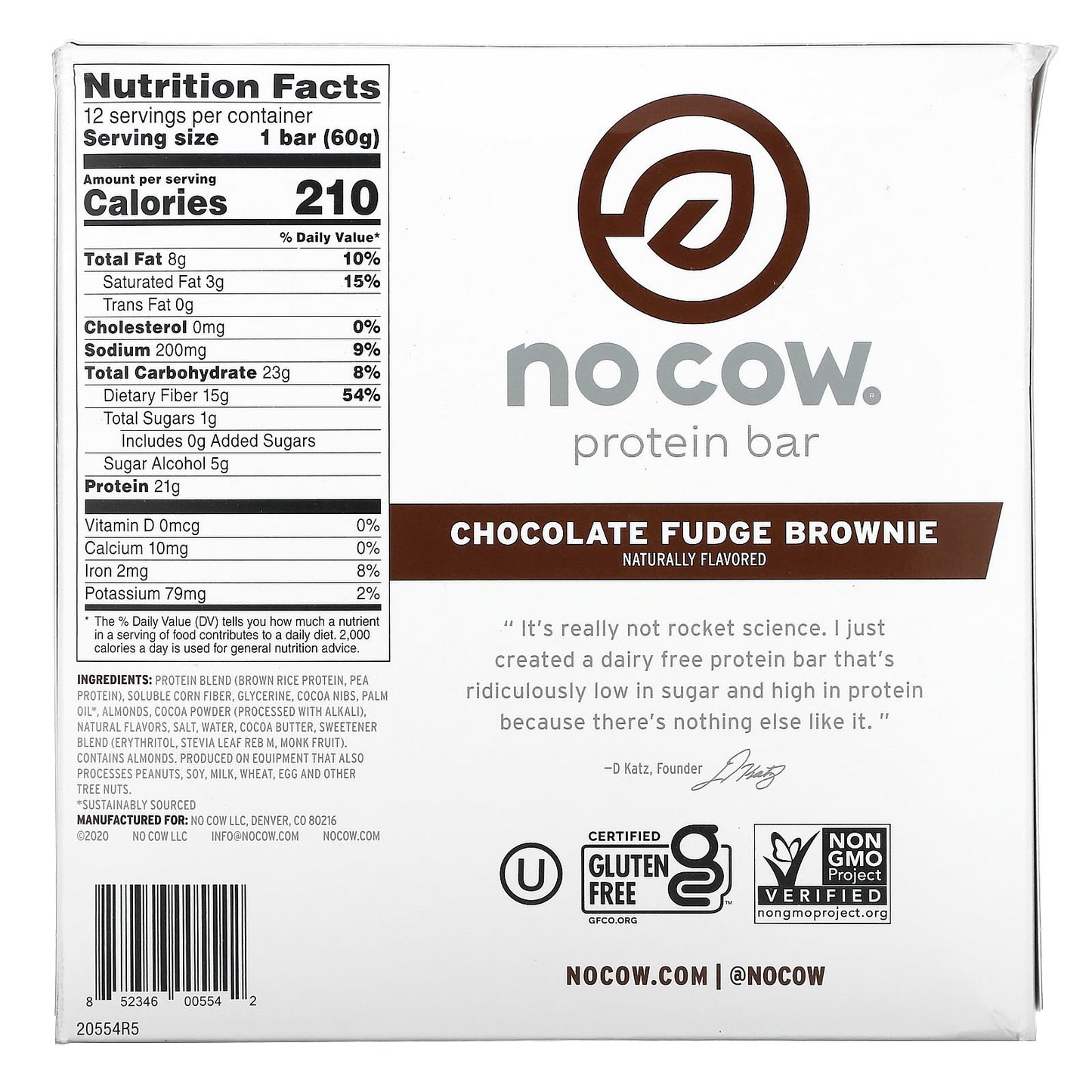 No Cow, Protein Bar, Chocolate Fudge Brownie, 12 Bars, 2.12 oz (60 g) Each - Image 2