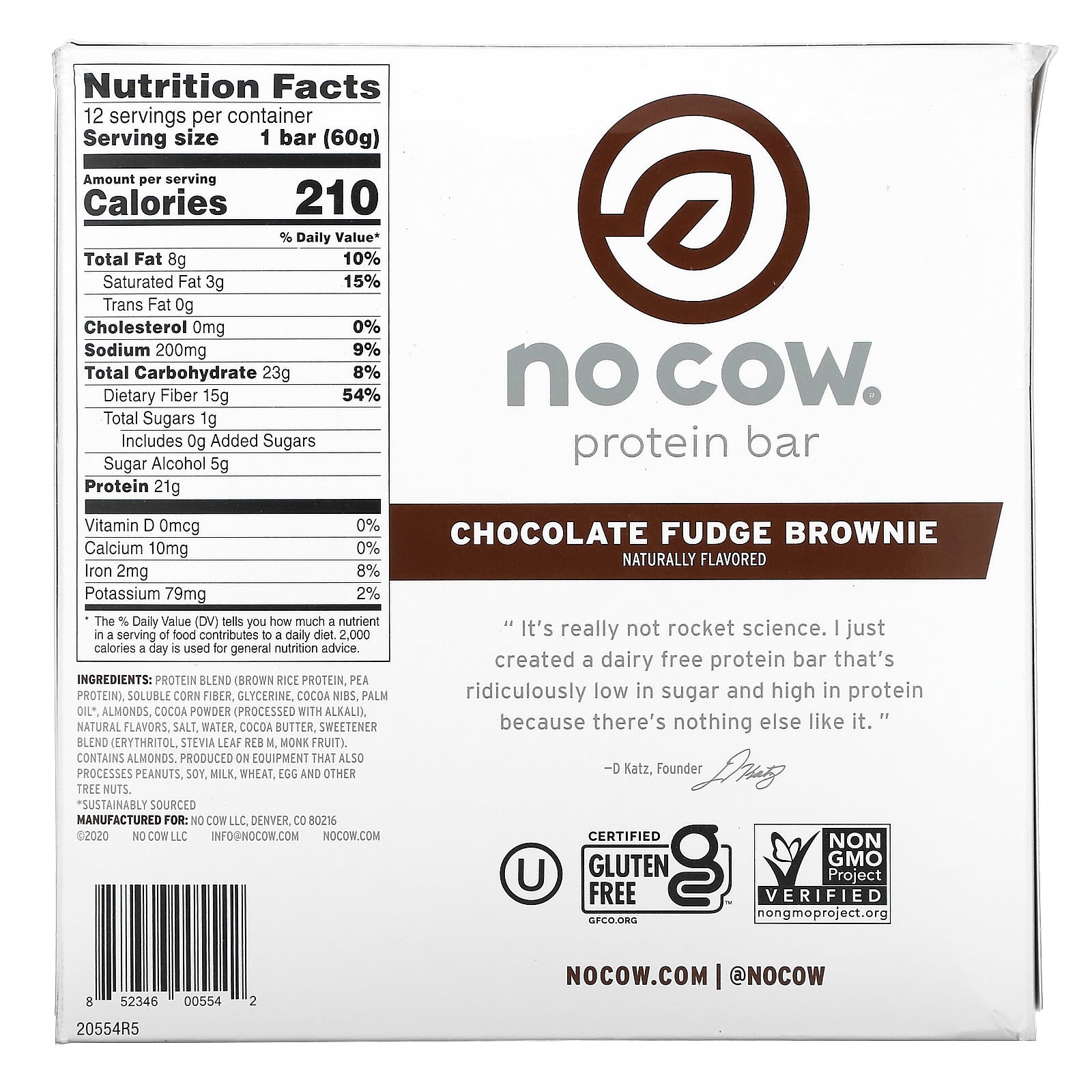 No Cow, Protein Bar, Chocolate Fudge Brownie, 12 Bars, 2.12 oz (60 g) Each - Image 2
