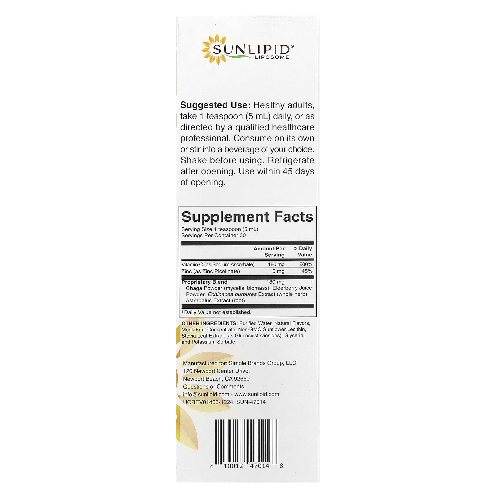 Sunlipid, Liposomal Vitamin C + Adaptogens, 5.07 fl oz (150 ml) - Image 2