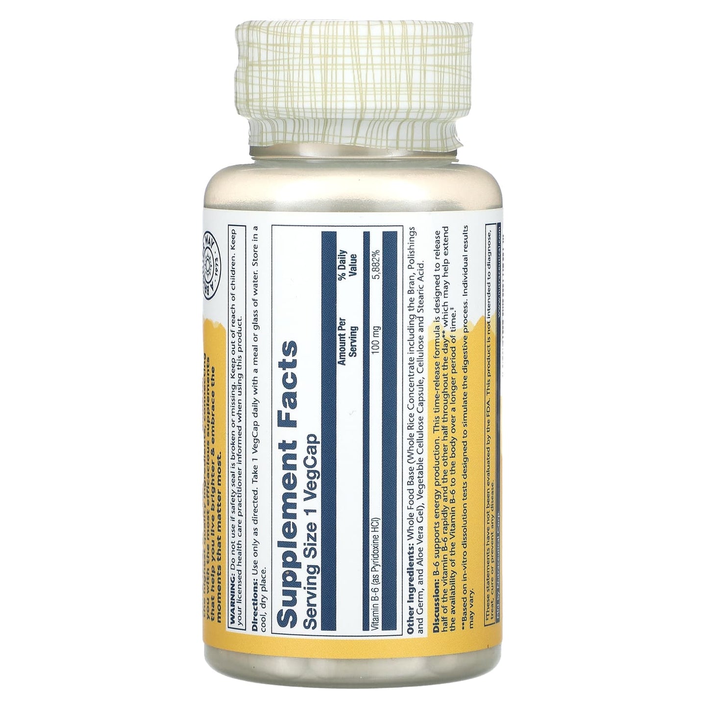Solaray, Timed Release, Vitamin B-6, 100 mg, 60 VegCaps - Image 2