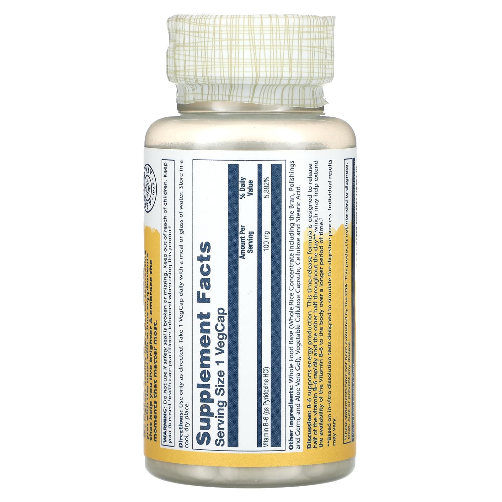 Solaray, Timed Release, Vitamin B-6, 100 mg, 60 VegCaps - Image 2