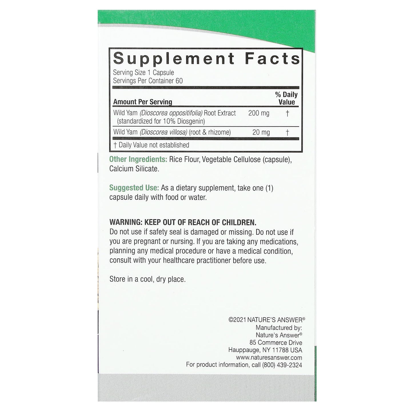 Nature's Answer, Wild Yam, 220 mg , 60 Vegetarian Capsules - Image 2