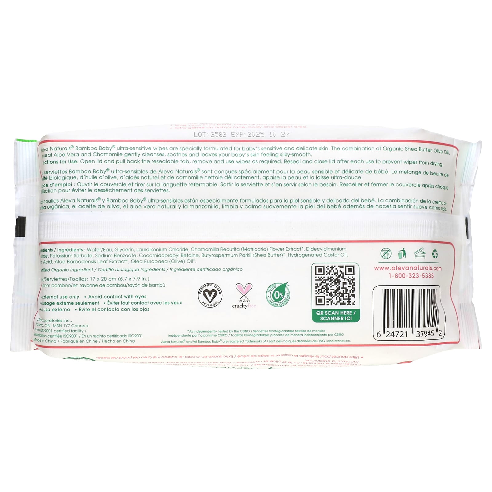 Bamboo Baby Wipes Ultra Sensitive, Fragrance Free, 72 Count by Aleva Naturals - Image 2