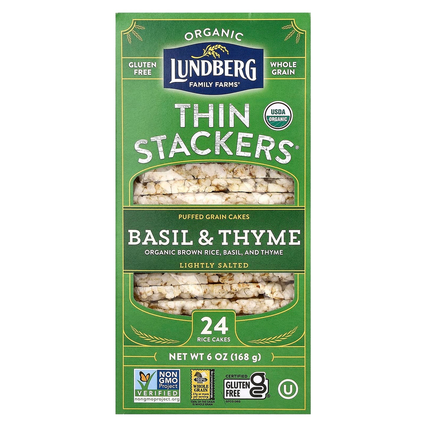 Lundberg, Organic Thin Stackers, Puffed Grain Cakes, Basil & Thyme, Lightly Salted, 24 Rice Cakes, 6 oz (168 g) - Image 1