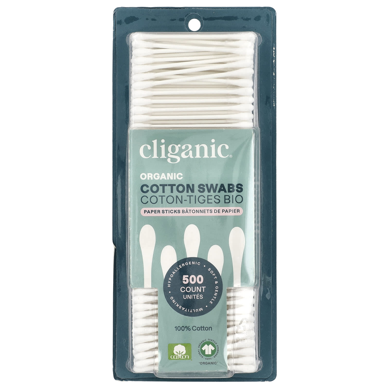 Certified Organic Cotton Swabs by Cliganic - 500 Count - Image 1
