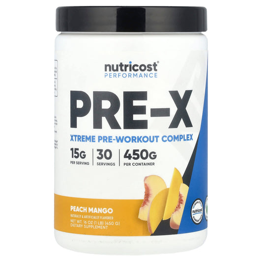 Nutricost, Performance, Pre-X, Xtreme Pre-Workout Complex, Peach Mango, 1 lb (450 g) - Image 1
