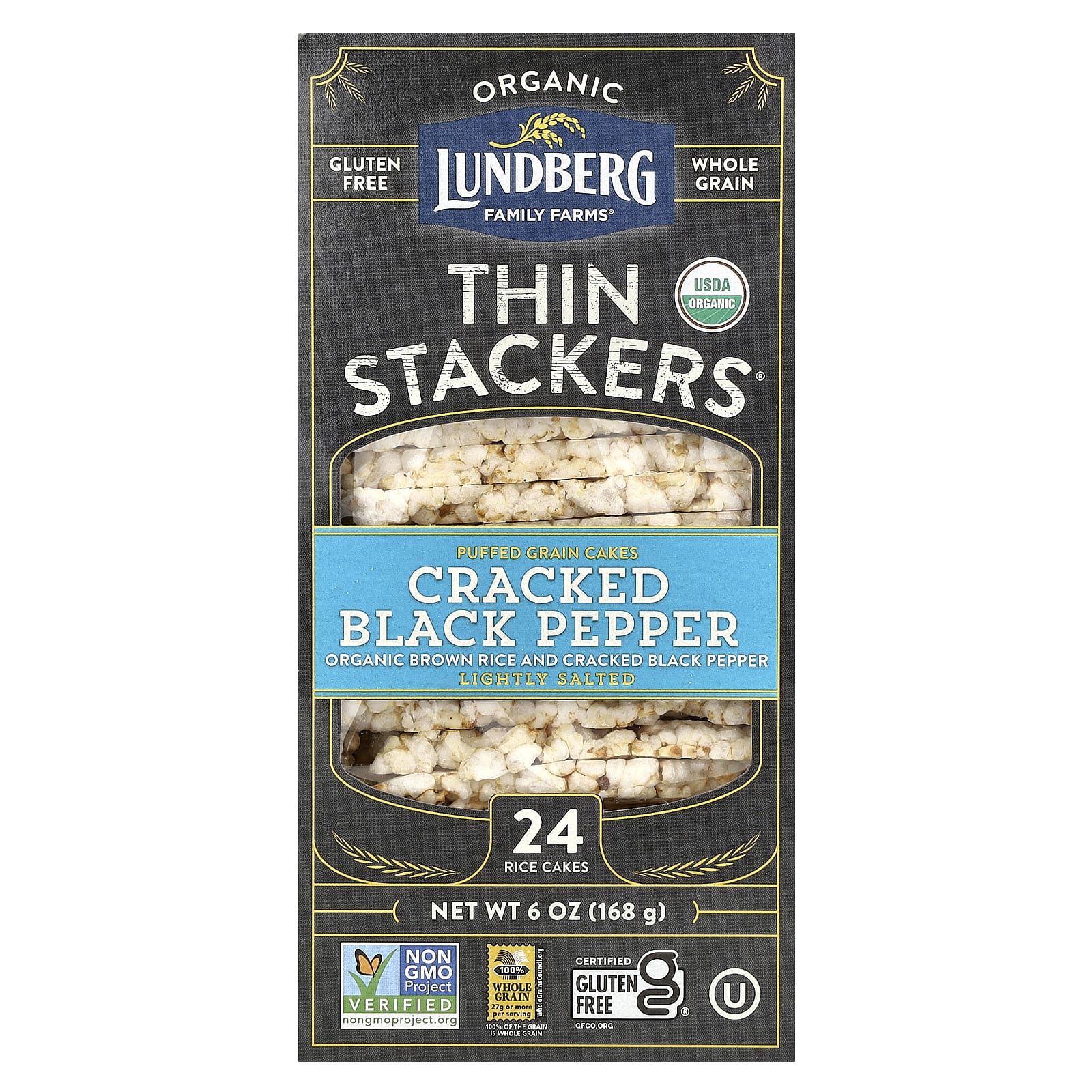 Lundberg, Organic Thin Stackers, Puffed Grain Cakes, Cracked Black Pepper, Lightly Salted, 24 Rice Cakes, 6 oz (168 g) - Image 1