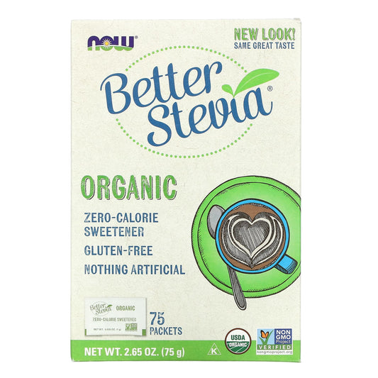 NOW Foods, Organic Better Stevia, Zero-Calorie Sweetener, 75 Packets, 2.65 oz (75 g) - Image 1