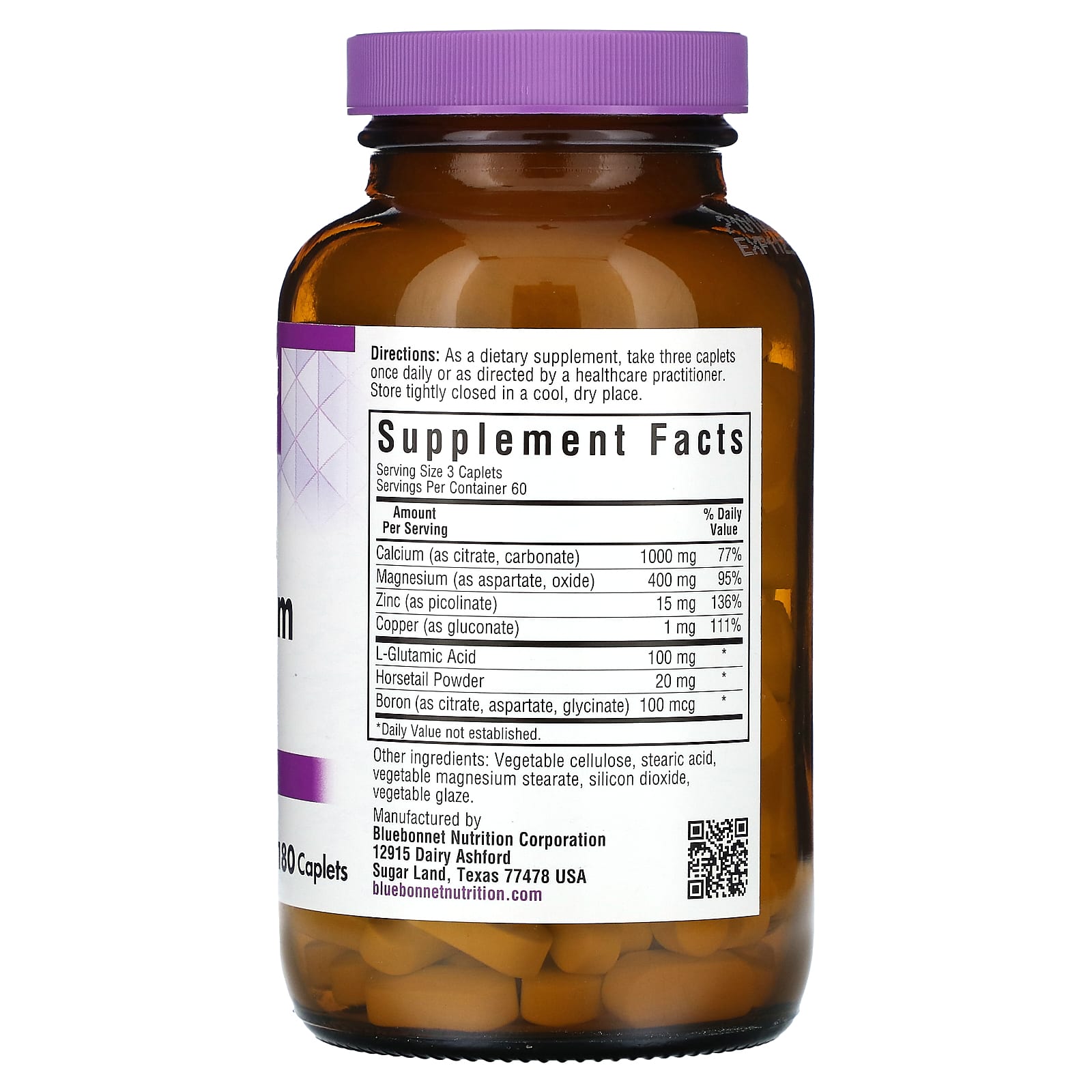 Calcium Magnesium & Zinc for Strong Bones by Bluebonnet Nutrition - 180 Caplets - Image 2