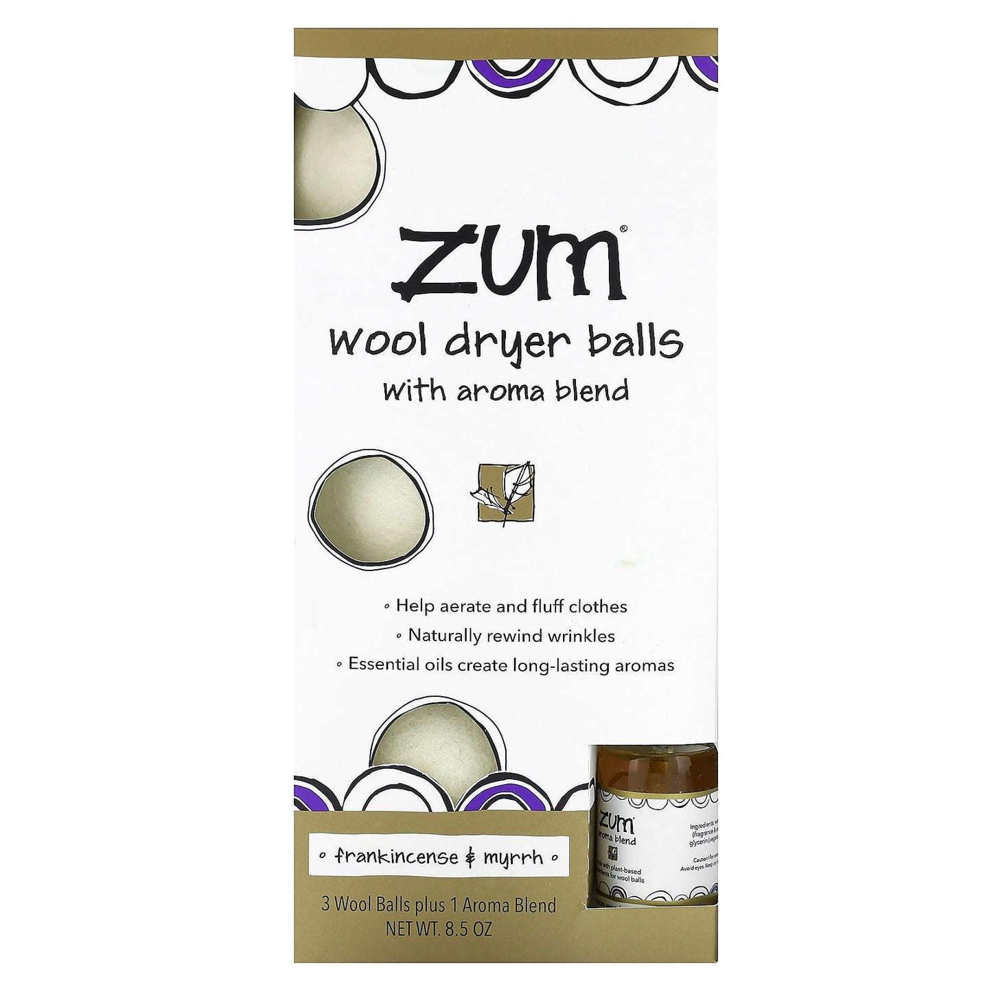 ZUM, Wool Dryer Balls with Aroma Blend, Frankincense & Myrrh, 4 Pieces - Image 1