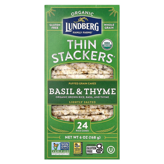 Lundberg, Organic Thin Stackers, Puffed Grain Cakes, Basil & Thyme, Lightly Salted, 24 Rice Cakes, 6 oz (168 g) - Image 1